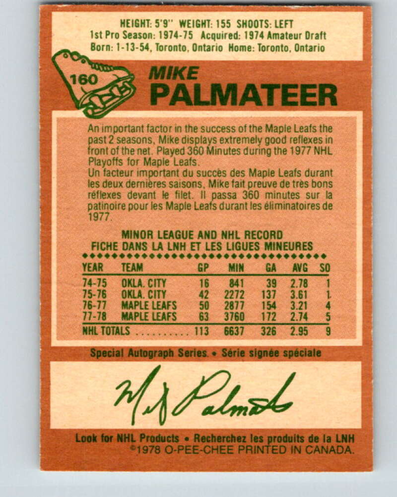 1978-79 O-Pee-Chee #160 Mike Palmateer  Toronto Maple Leafs  V23133