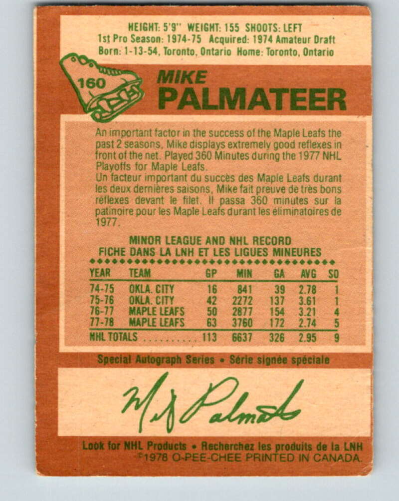 1978-79 O-Pee-Chee #160 Mike Palmateer  Toronto Maple Leafs  V23134