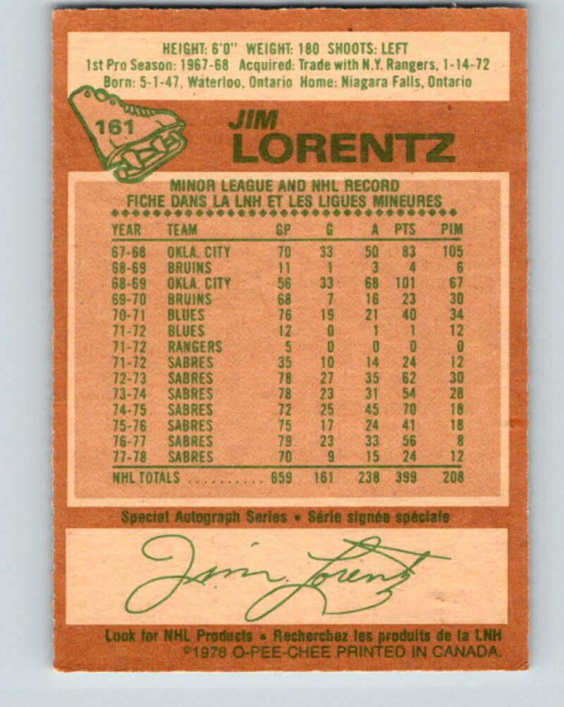 1978-79 O-Pee-Chee #161 Jim Lorentz  Buffalo Sabres  V23136