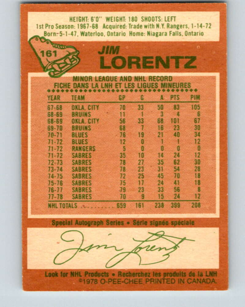 1978-79 O-Pee-Chee #161 Jim Lorentz  Buffalo Sabres  V23137