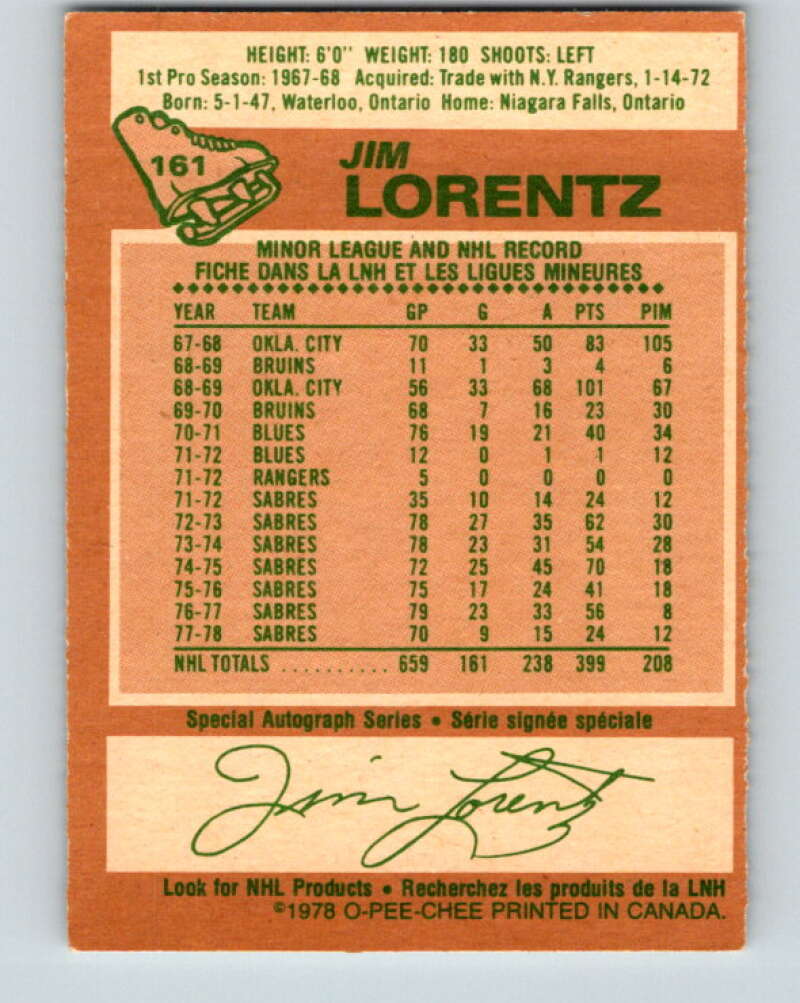 1978-79 O-Pee-Chee #161 Jim Lorentz  Buffalo Sabres  V23138