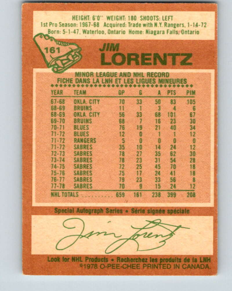 1978-79 O-Pee-Chee #161 Jim Lorentz  Buffalo Sabres  V23140