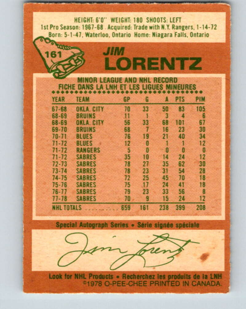 1978-79 O-Pee-Chee #161 Jim Lorentz  Buffalo Sabres  V23145