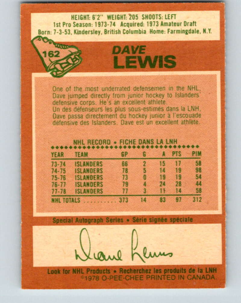 1978-79 O-Pee-Chee #162 Dave Lewis  New York Islanders  V23148
