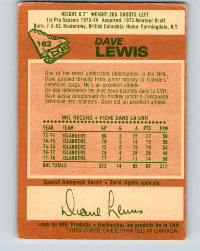 1978-79 O-Pee-Chee #162 Dave Lewis  New York Islanders  V23149