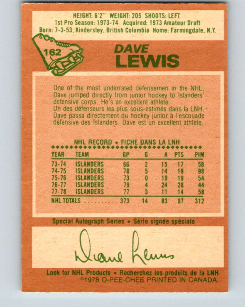 1978-79 O-Pee-Chee #162 Dave Lewis  New York Islanders  V23151