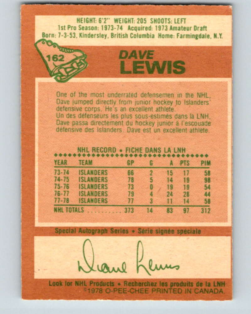 1978-79 O-Pee-Chee #162 Dave Lewis  New York Islanders  V23152