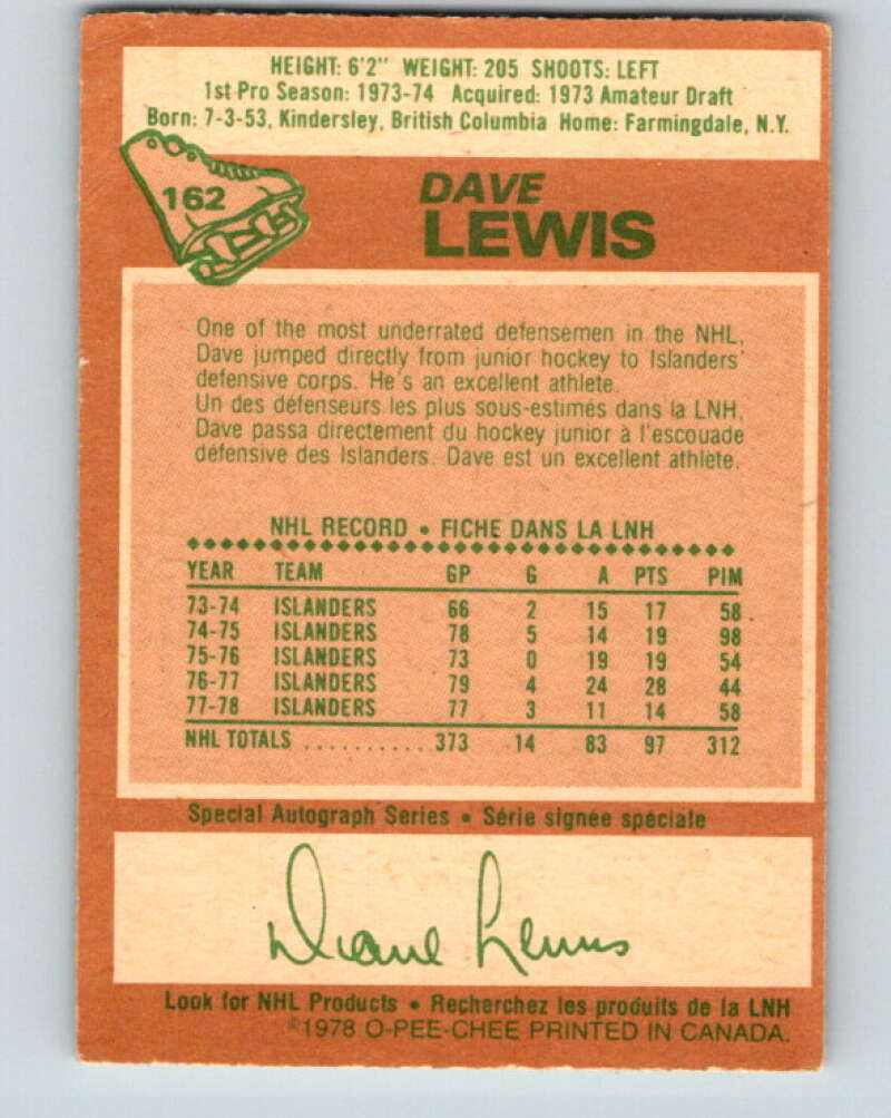 1978-79 O-Pee-Chee #162 Dave Lewis  New York Islanders  V23153