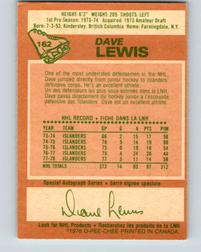 1978-79 O-Pee-Chee #162 Dave Lewis  New York Islanders  V23154