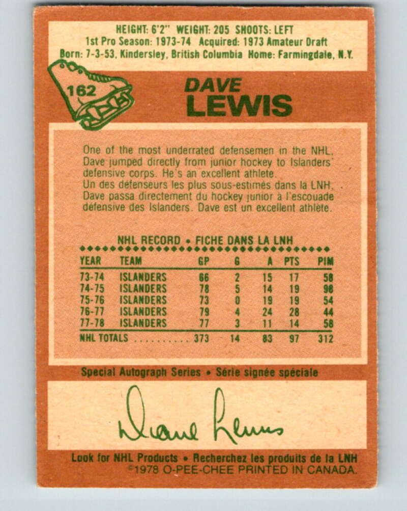 1978-79 O-Pee-Chee #162 Dave Lewis  New York Islanders  V23157