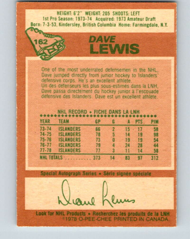 1978-79 O-Pee-Chee #162 Dave Lewis  New York Islanders  V23158