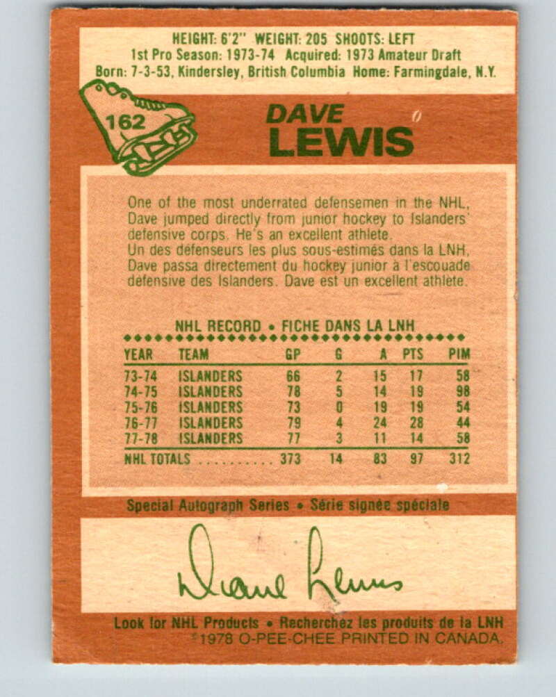 1978-79 O-Pee-Chee #162 Dave Lewis  New York Islanders  V23159