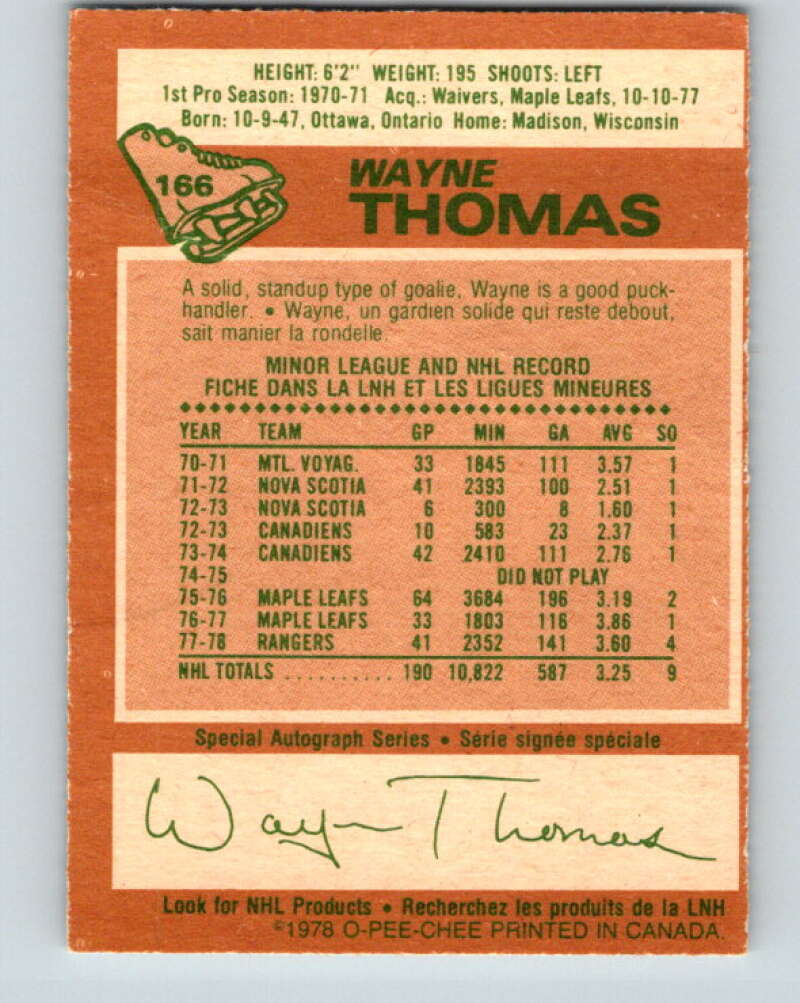1978-79 O-Pee-Chee #166 Wayne Thomas  New York Rangers  V23202