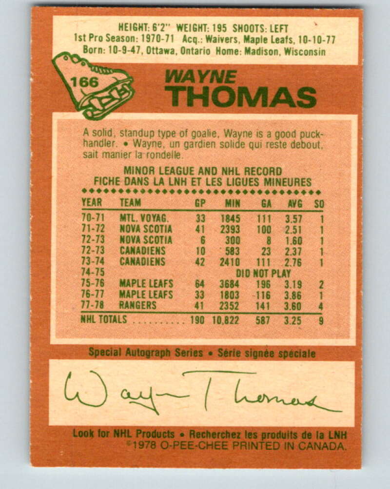 1978-79 O-Pee-Chee #166 Wayne Thomas  New York Rangers  V23205