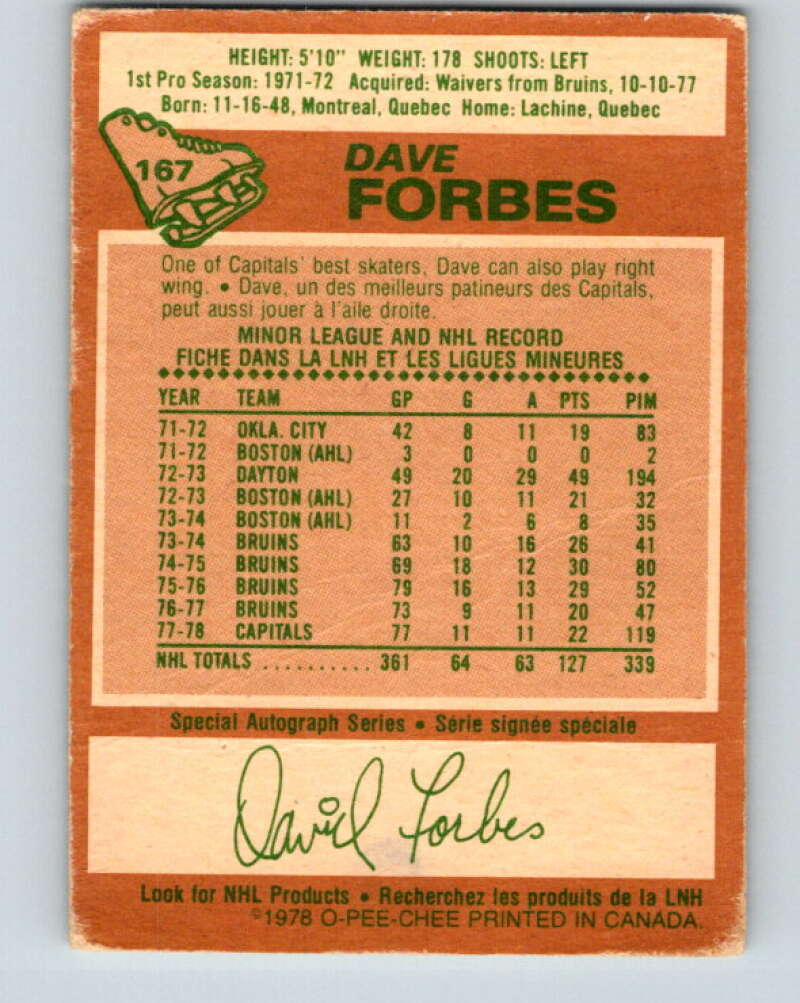 1978-79 O-Pee-Chee #167 Dave Forbes  Washington Capitals  V23215