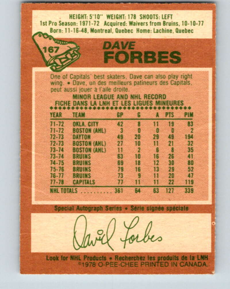 1978-79 O-Pee-Chee #167 Dave Forbes  Washington Capitals  V23217