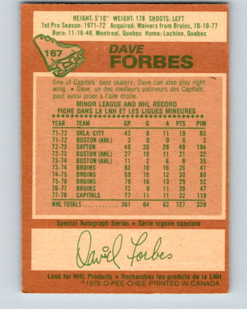 1978-79 O-Pee-Chee #167 Dave Forbes  Washington Capitals  V23218
