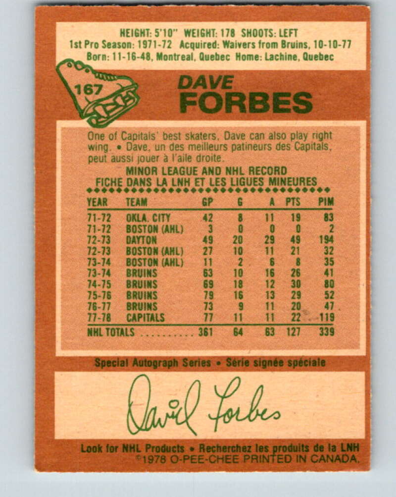 1978-79 O-Pee-Chee #167 Dave Forbes  Washington Capitals  V23219