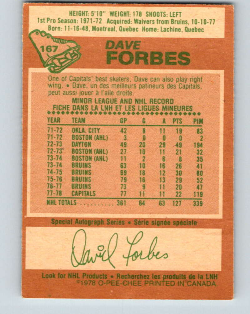 1978-79 O-Pee-Chee #167 Dave Forbes  Washington Capitals  V23220