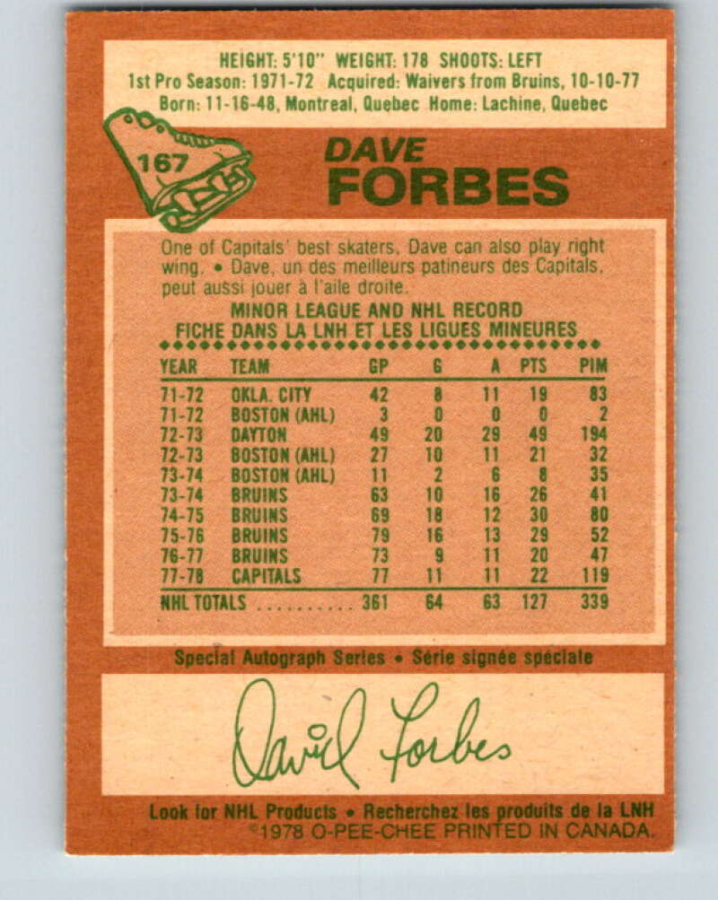 1978-79 O-Pee-Chee #167 Dave Forbes  Washington Capitals  V23224
