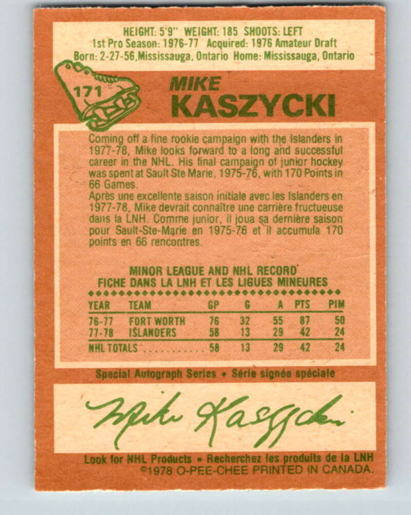 1978-79 O-Pee-Chee #171 Mike Kaszycki RC Rookie Islanders  V23262