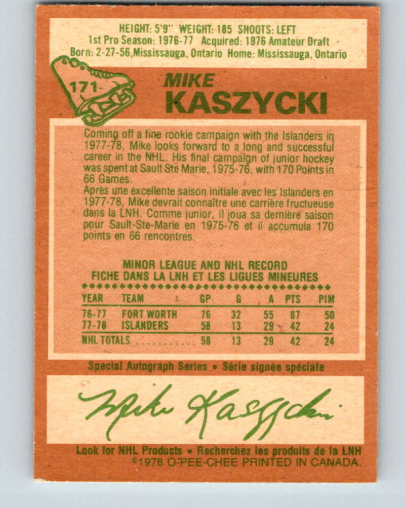 1978-79 O-Pee-Chee #171 Mike Kaszycki RC Rookie Islanders  V23263