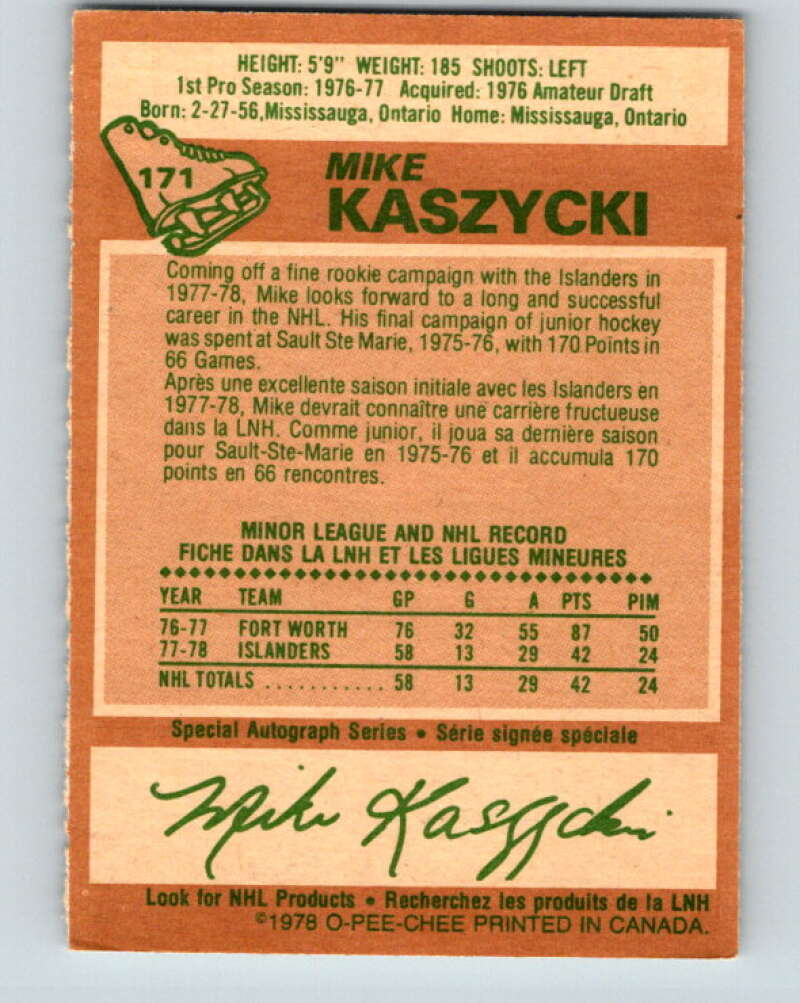 1978-79 O-Pee-Chee #171 Mike Kaszycki RC Rookie Islanders  V23266