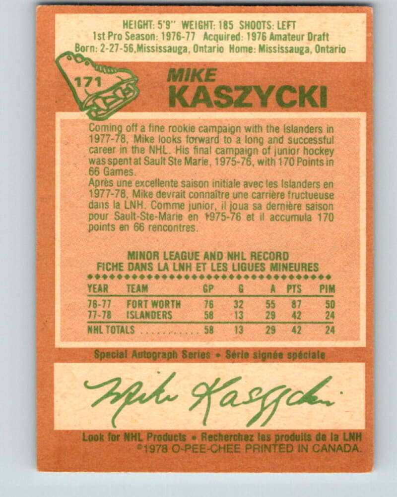 1978-79 O-Pee-Chee #171 Mike Kaszycki RC Rookie Islanders  V23267