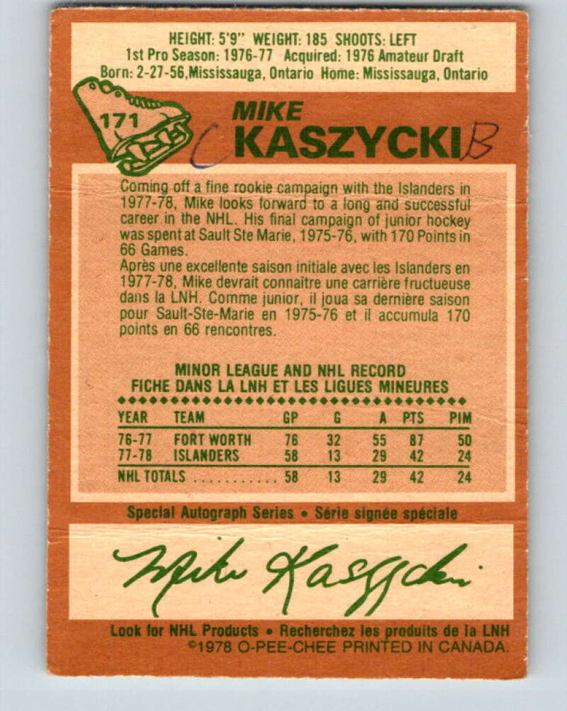 1978-79 O-Pee-Chee #171 Mike Kaszycki RC Rookie Islanders  V23268