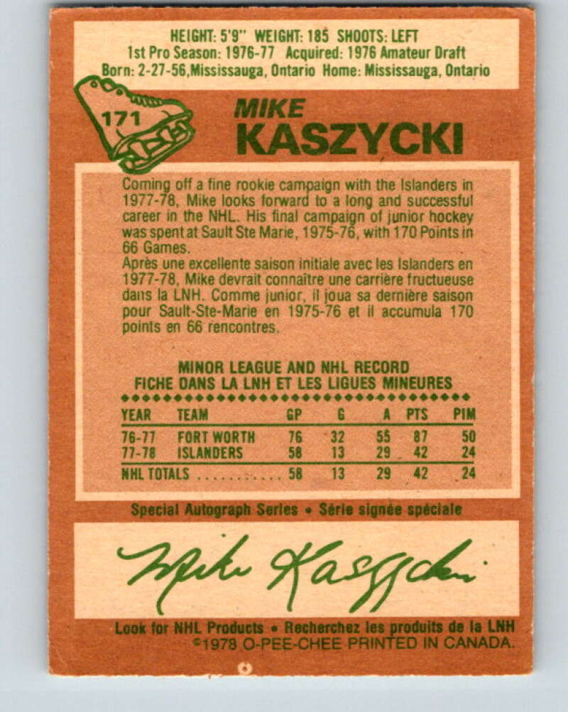 1978-79 O-Pee-Chee #171 Mike Kaszycki RC Rookie Islanders  V23269