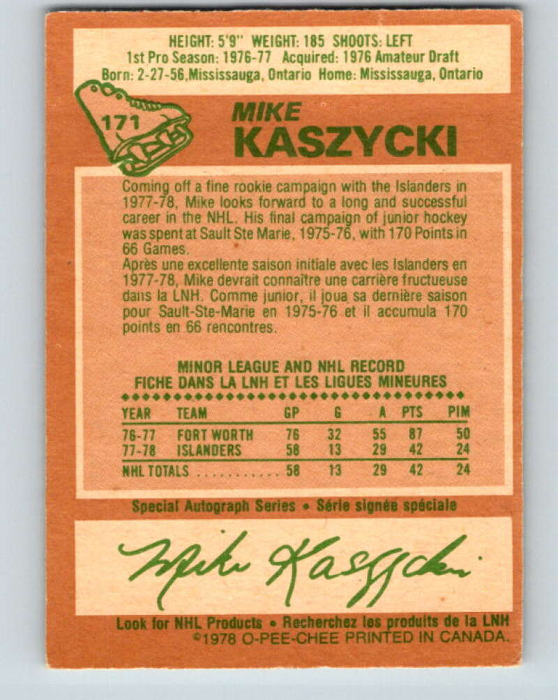 1978-79 O-Pee-Chee #171 Mike Kaszycki RC Rookie Islanders  V23270