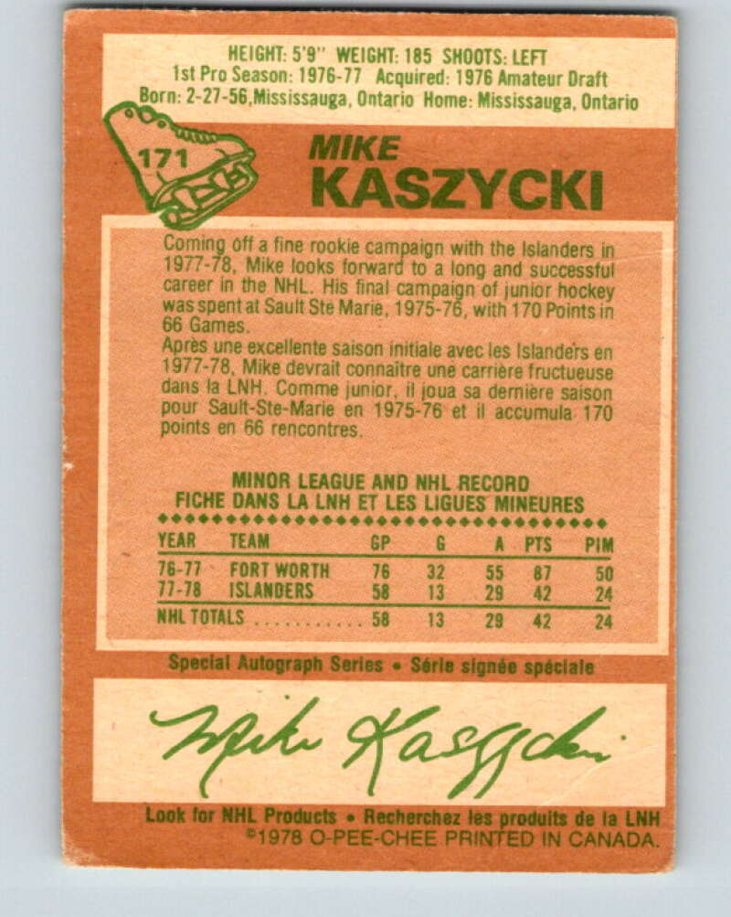 1978-79 O-Pee-Chee #171 Mike Kaszycki RC Rookie Islanders  V23272