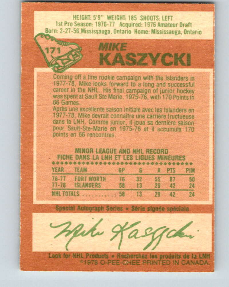 1978-79 O-Pee-Chee #171 Mike Kaszycki RC Rookie Islanders  V23274