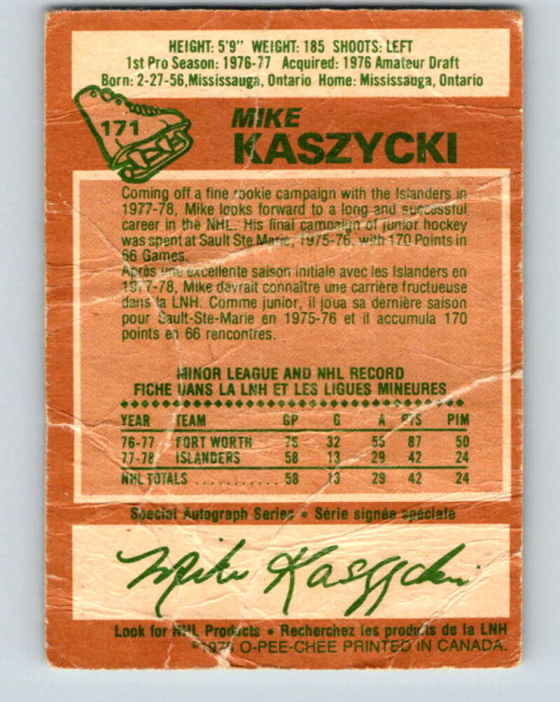 1978-79 O-Pee-Chee #171 Mike Kaszycki RC Rookie Islanders  V23275