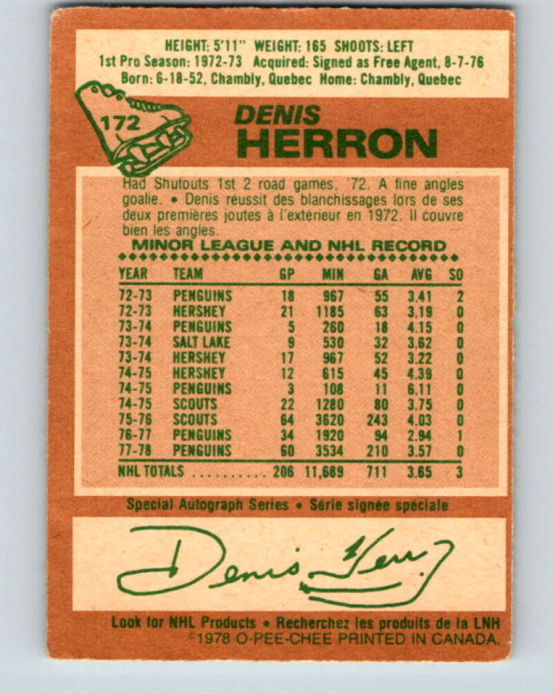 1978-79 O-Pee-Chee #172 Denis Herron  Pittsburgh Penguins  V23276
