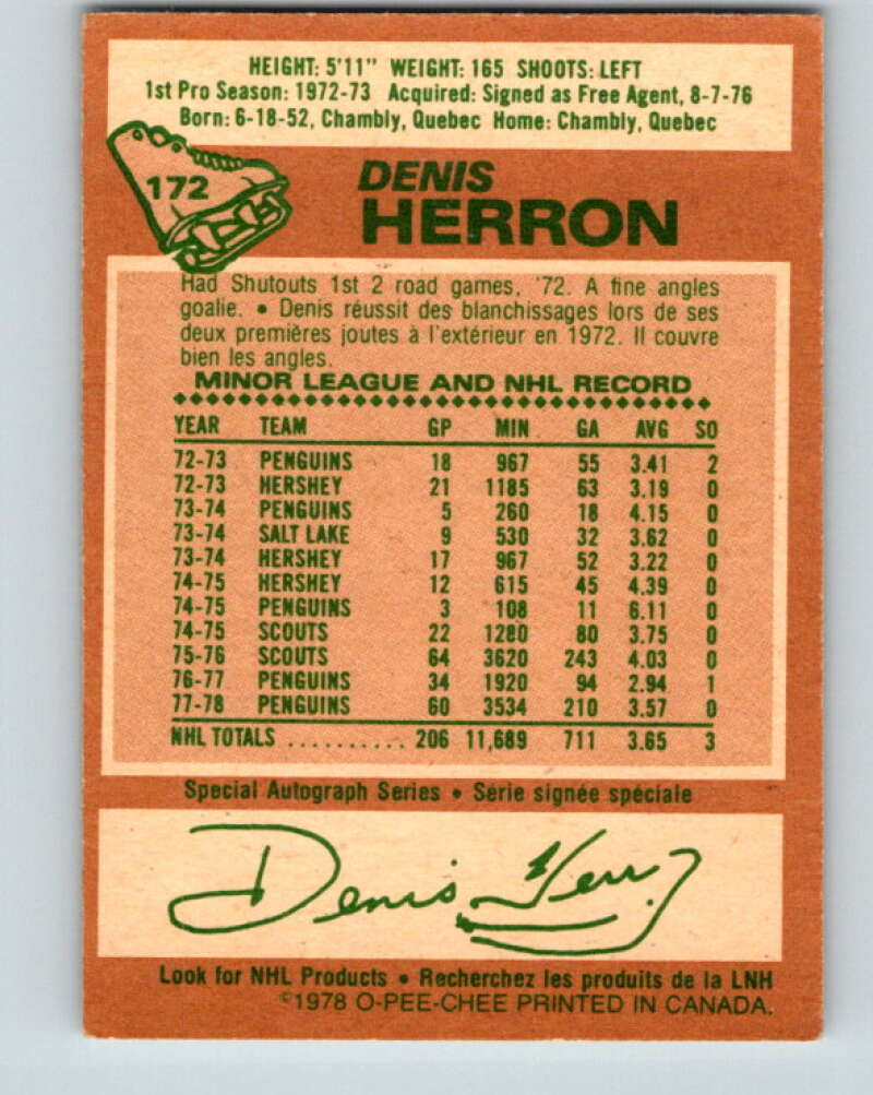1978-79 O-Pee-Chee #172 Denis Herron  Pittsburgh Penguins  V23278