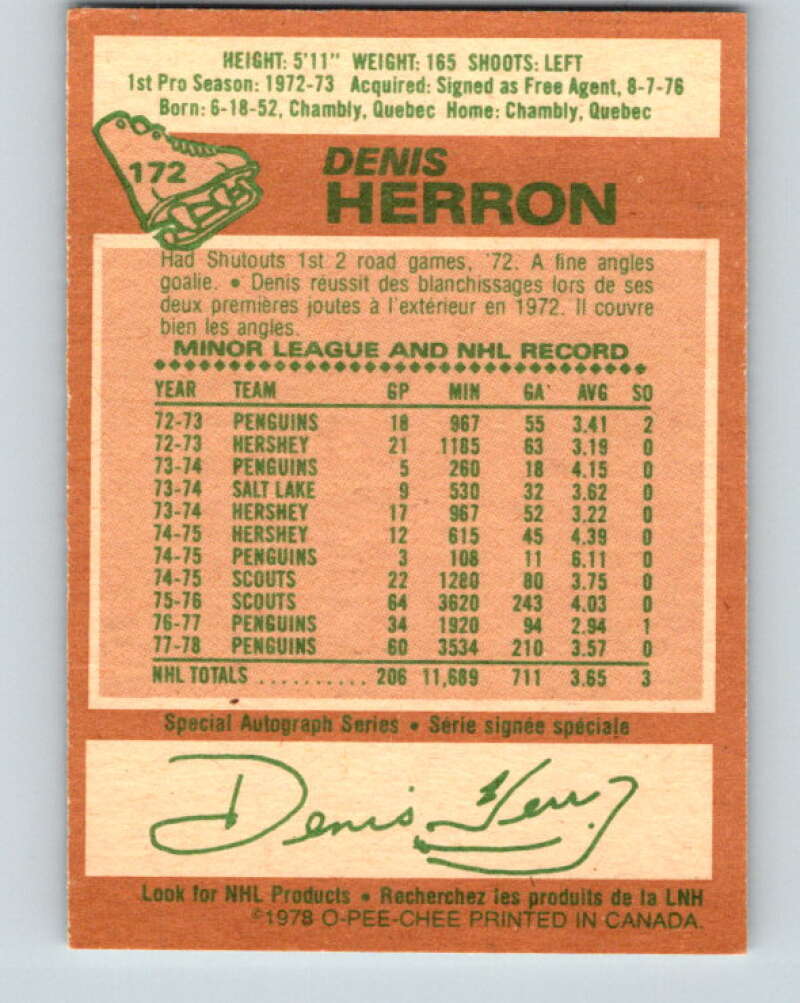 1978-79 O-Pee-Chee #172 Denis Herron  Pittsburgh Penguins  V23283