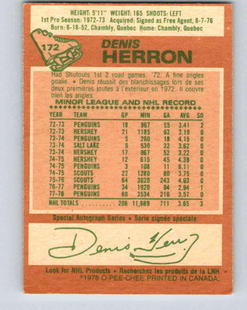 1978-79 O-Pee-Chee #172 Denis Herron  Pittsburgh Penguins  V23291