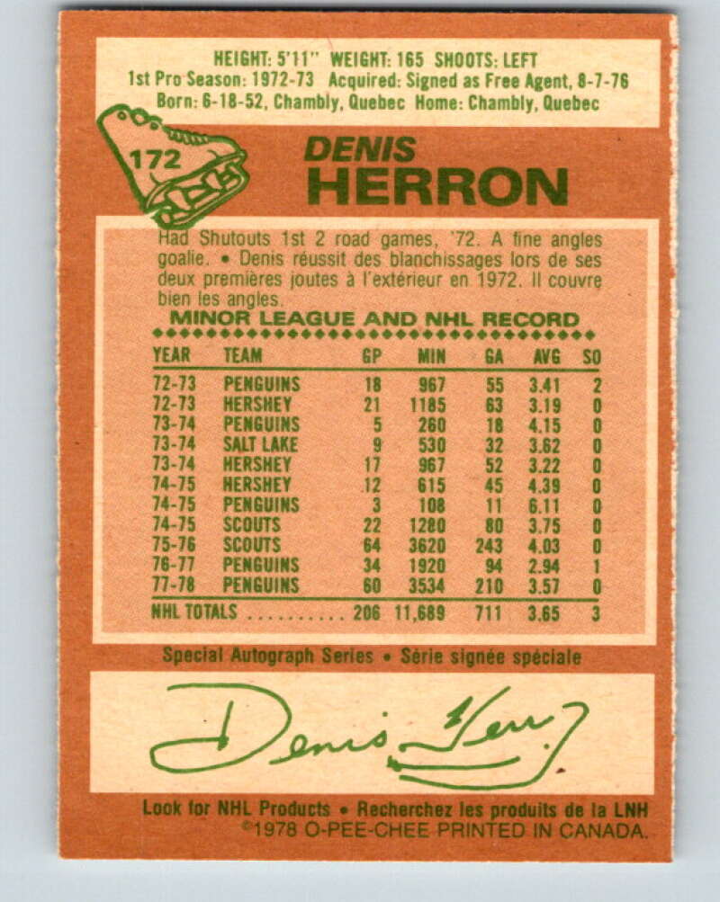 1978-79 O-Pee-Chee #172 Denis Herron  Pittsburgh Penguins  V23293