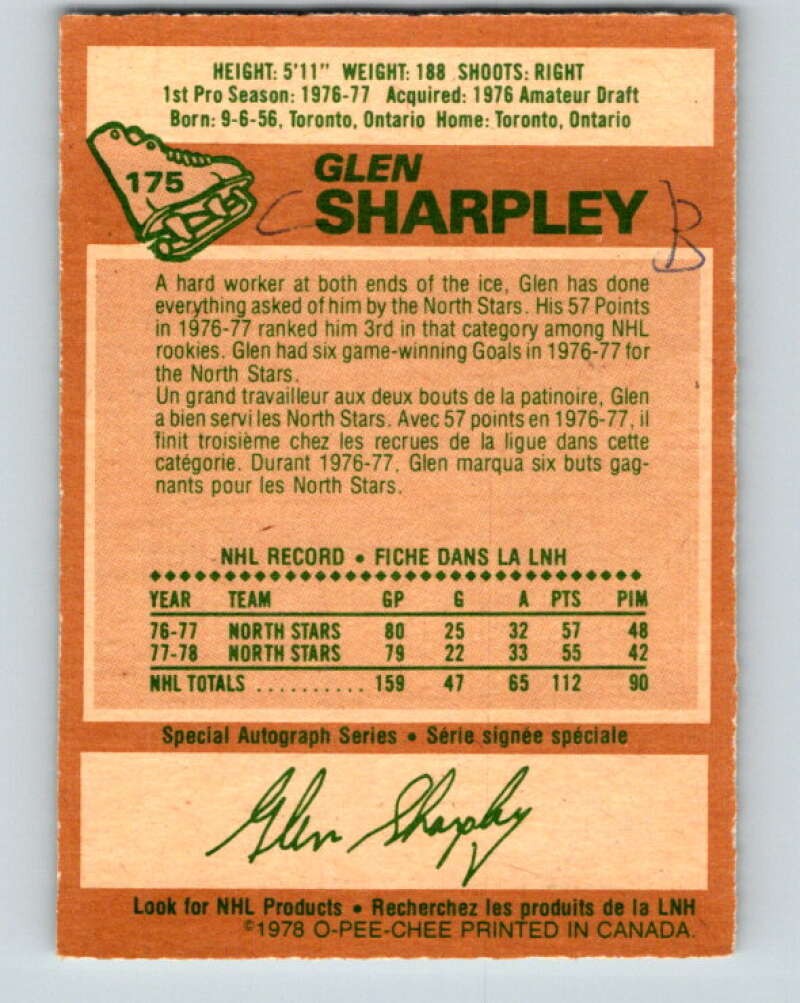 1978-79 O-Pee-Chee #175 Glen Sharpley North Stars  V23353
