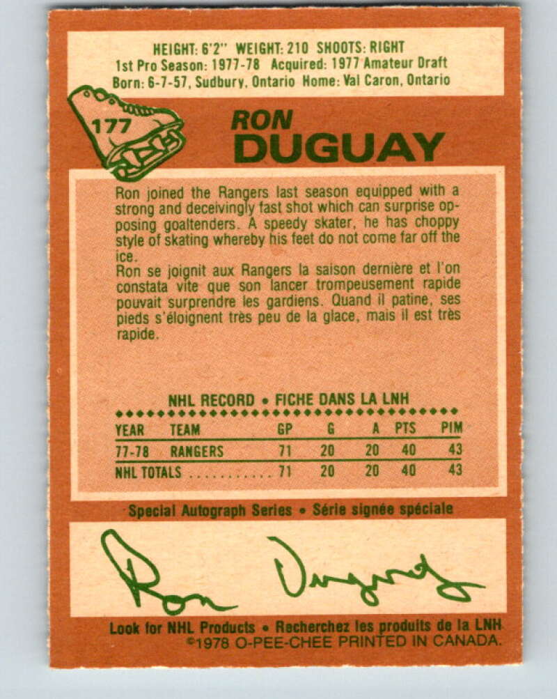 1978-79 O-Pee-Chee #177 Ron Duguay  RC Rookie Rangers  V23374