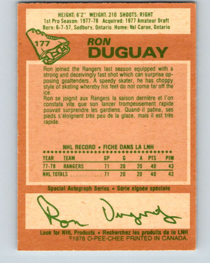 1978-79 O-Pee-Chee #177 Ron Duguay  RC Rookie Rangers  V23375