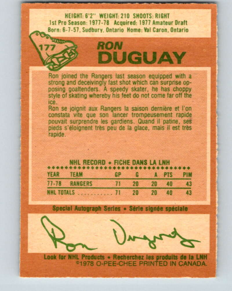 1978-79 O-Pee-Chee #177 Ron Duguay  RC Rookie Rangers  V23376