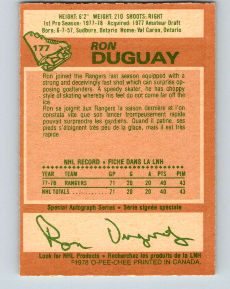 1978-79 O-Pee-Chee #177 Ron Duguay  RC Rookie Rangers  V23377