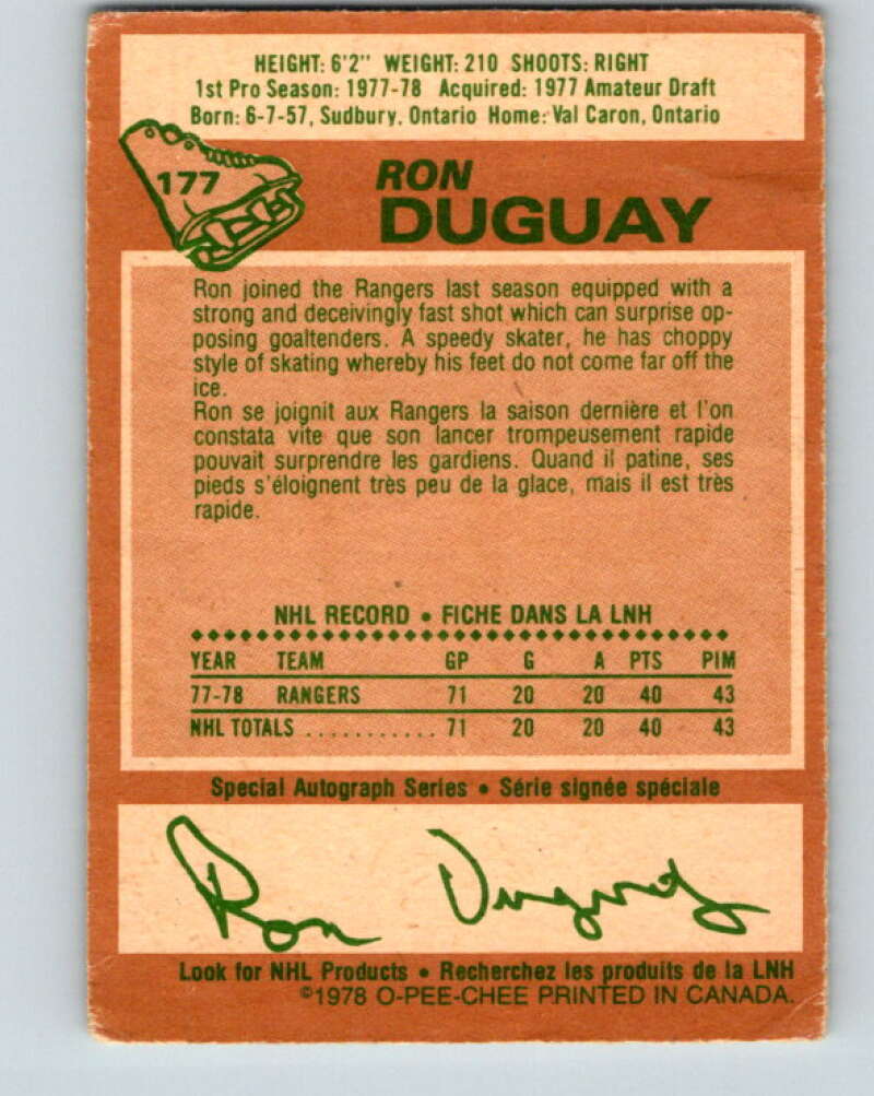 1978-79 O-Pee-Chee #177 Ron Duguay  RC Rookie Rangers  V23379