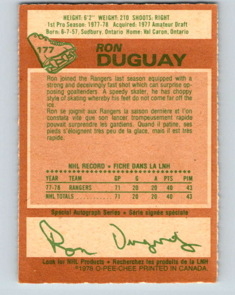 1978-79 O-Pee-Chee #177 Ron Duguay  RC Rookie Rangers  V23380