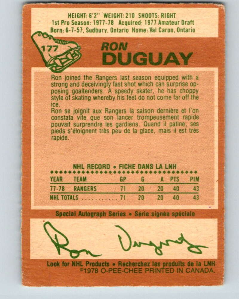 1978-79 O-Pee-Chee #177 Ron Duguay  RC Rookie Rangers  V23382