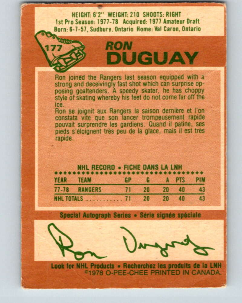 1978-79 O-Pee-Chee #177 Ron Duguay  RC Rookie Rangers  V23383