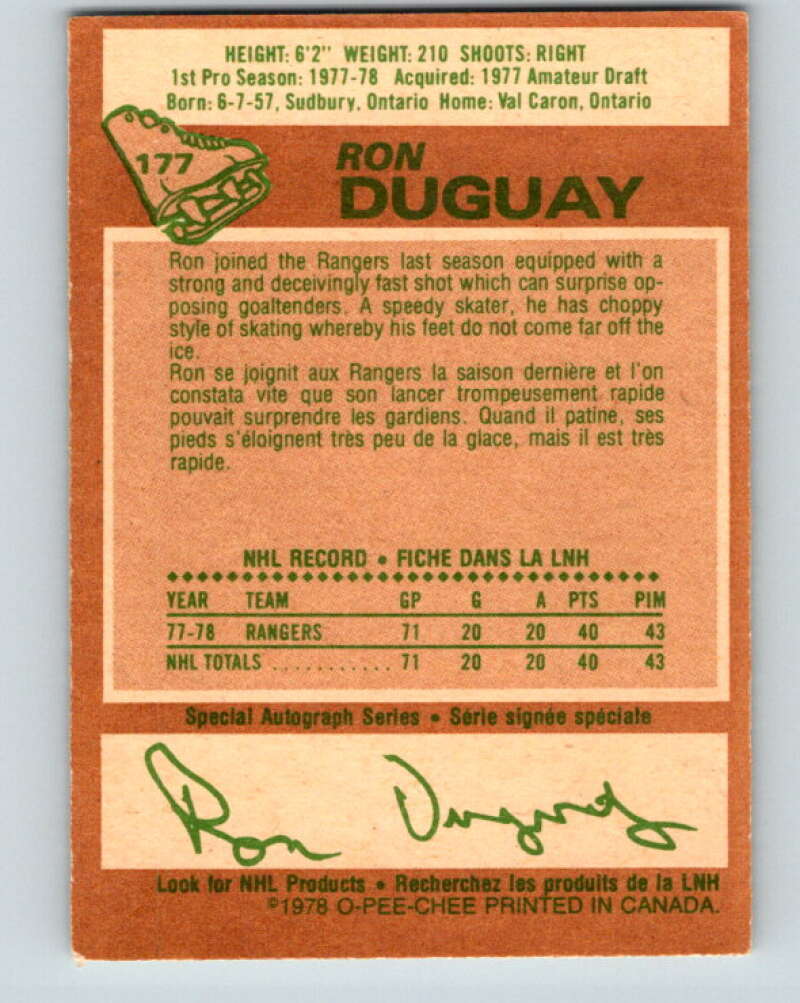 1978-79 O-Pee-Chee #177 Ron Duguay  RC Rookie Rangers  V23384