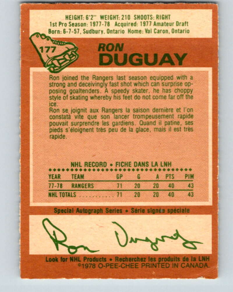 1978-79 O-Pee-Chee #177 Ron Duguay  RC Rookie Rangers  V23385